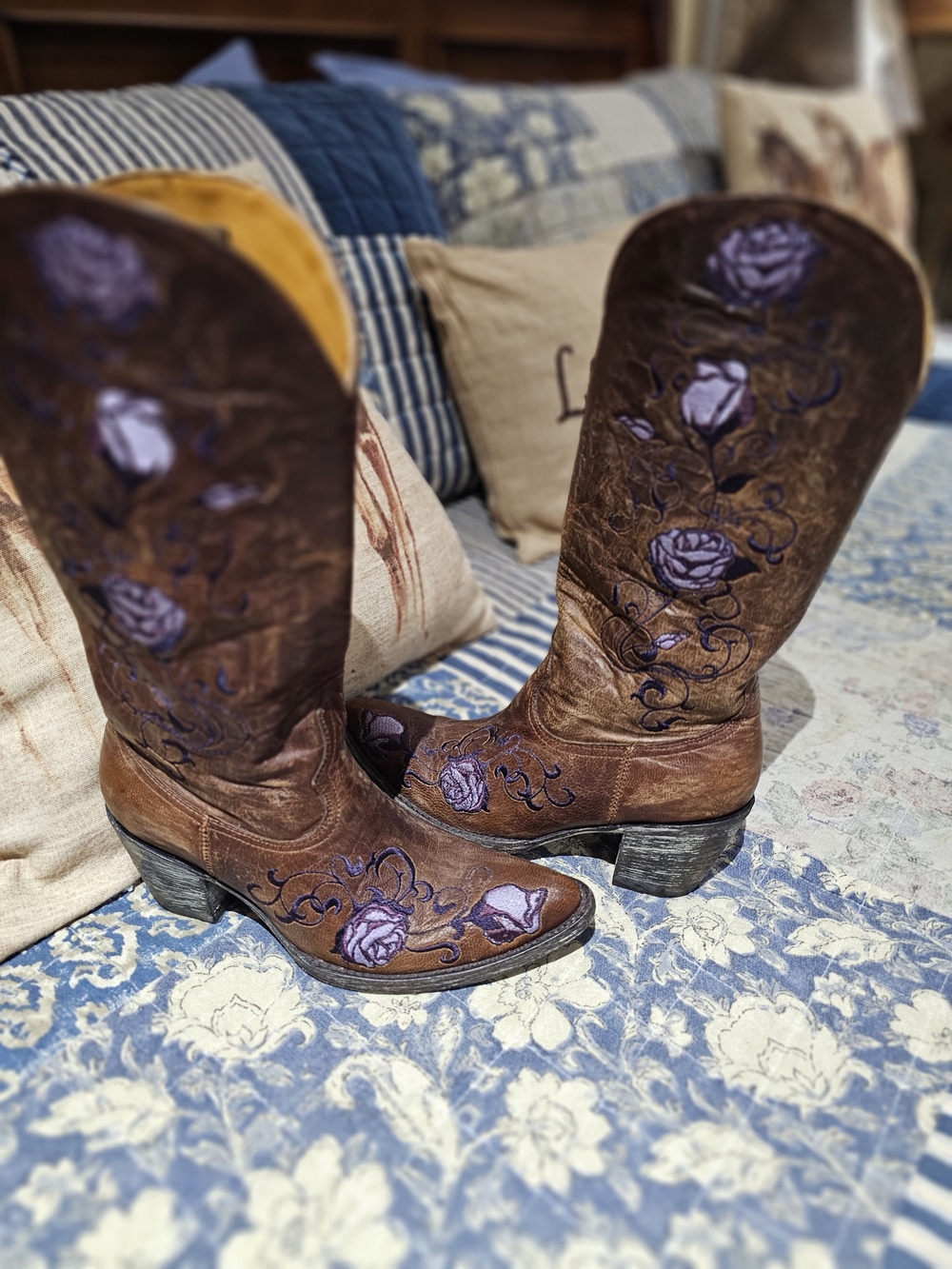 Old Gringo Brown Leather Cowboy Boots with Purple Floral Embroidery - Picture 2 of 10